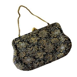 Vintage Black Brocade Evening Purse – Gold Rose Clasp 60s Cocktail Handbag